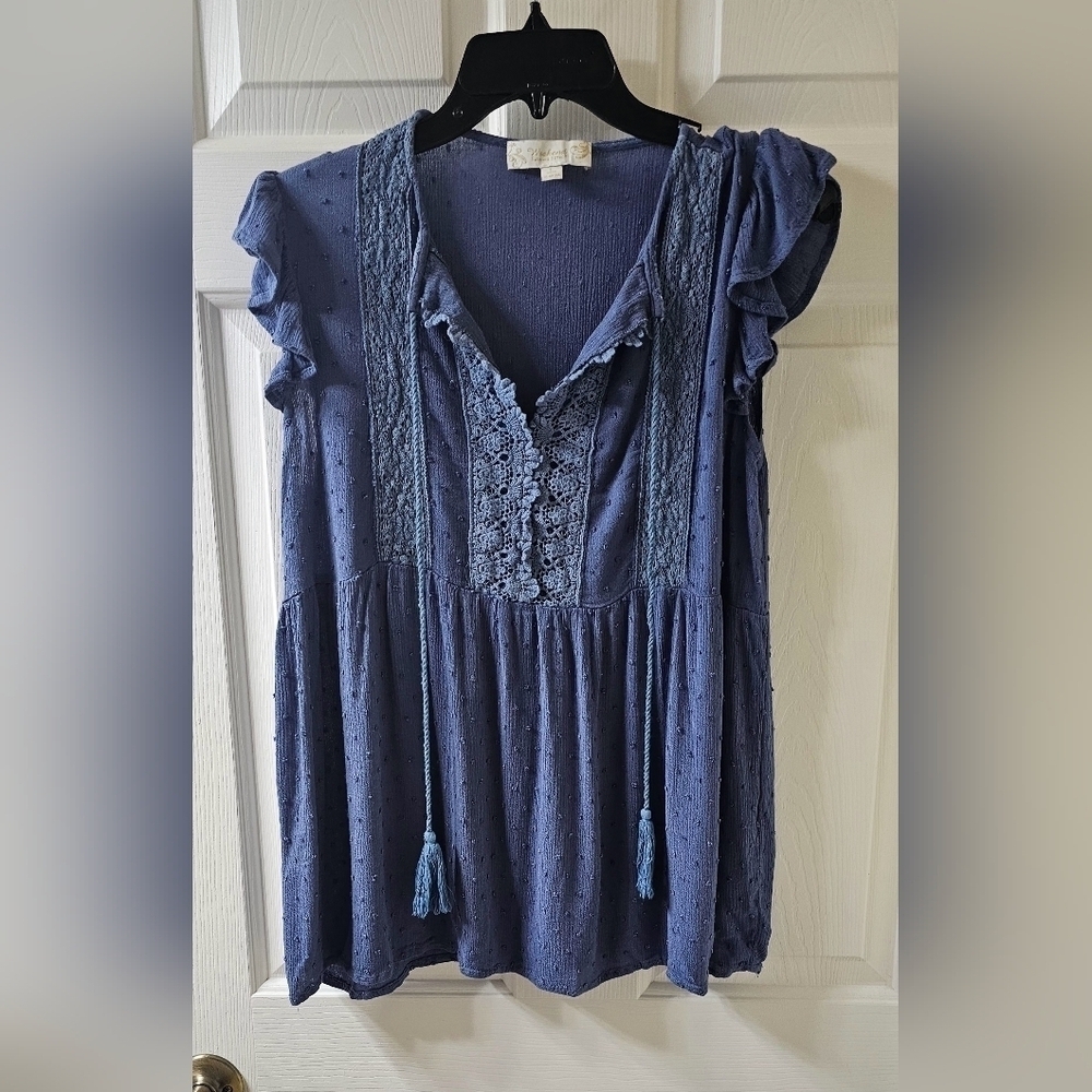 Susan Betro Blue Intricate Bohemian Detail Capped Sleeved Women's LargeTop
